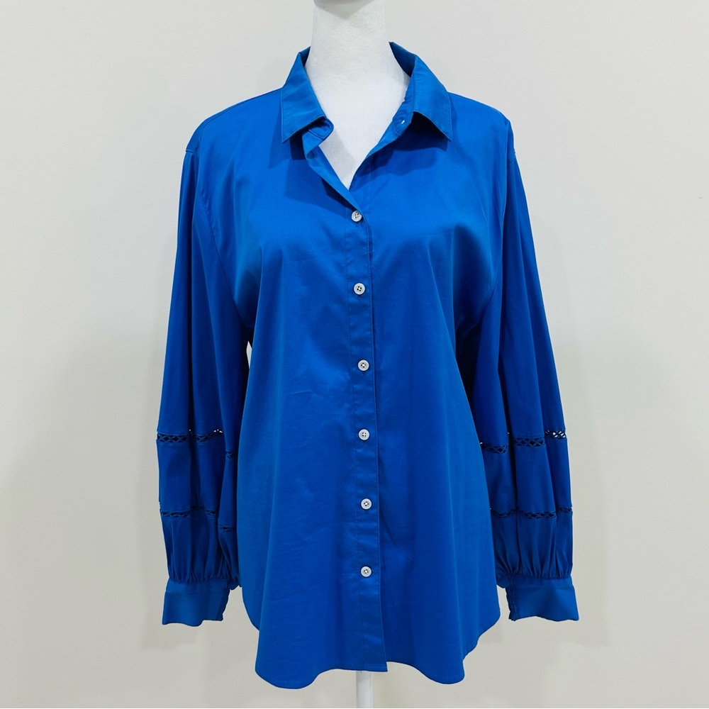 Chico's Blouse‎ Women 3 (16/18)Blue Billow Sleeve Poplin Collared